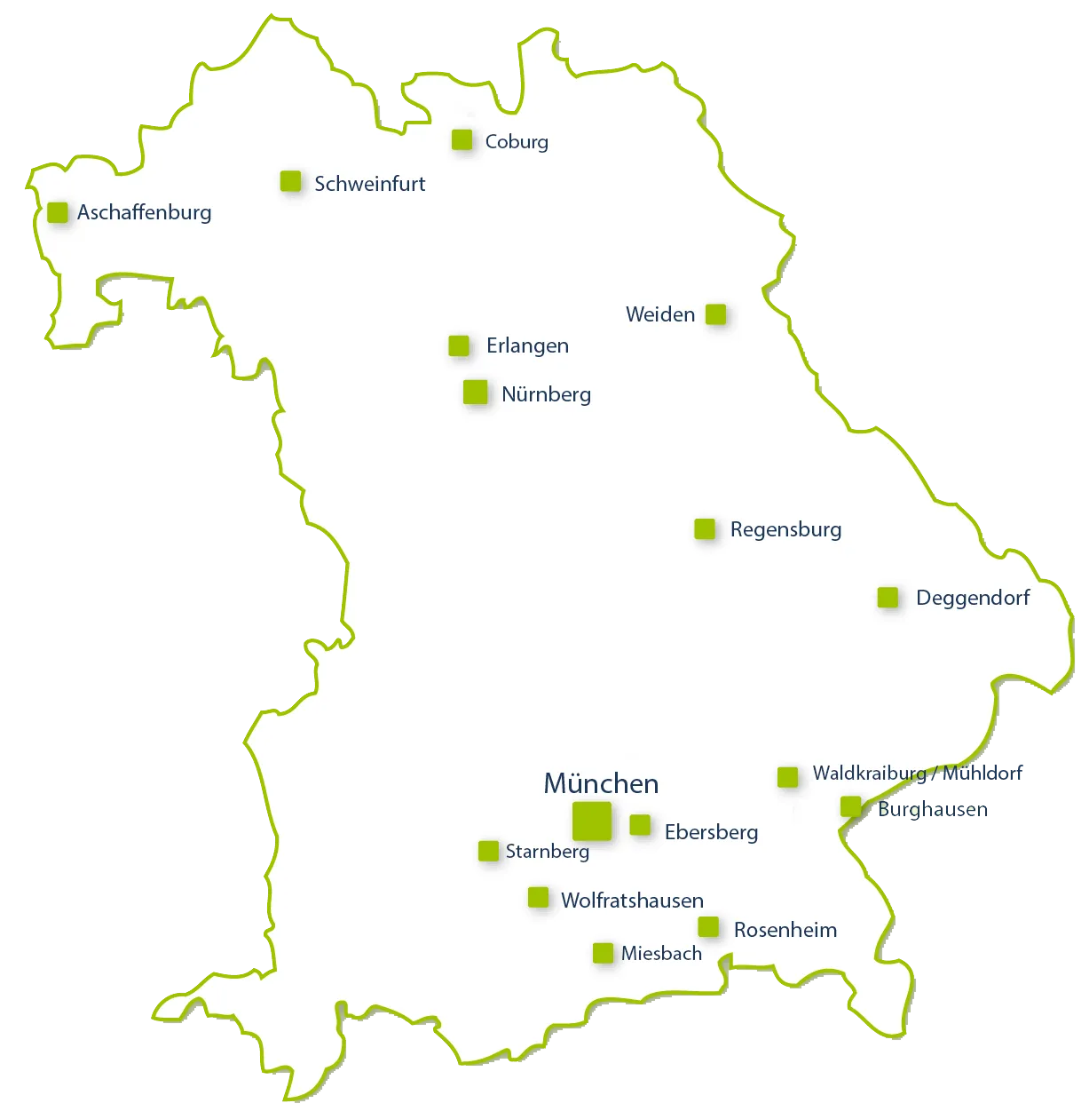Landkarte mit dem Umriss von Bayern mit einigen Städten
